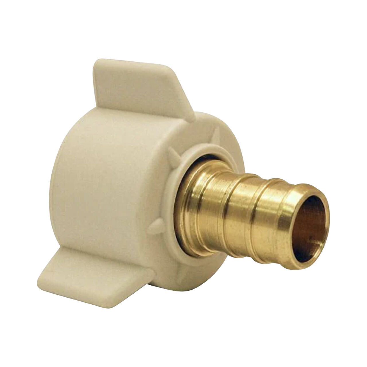 A close-up of the Go Build 1/2 in. Brass PEX Barb x Female Swivel Adapter, a lead-free brass hose fitting with a beige plastic winged connector for easy hand-tightening to PEX pipe, is shown isolated on a white background.